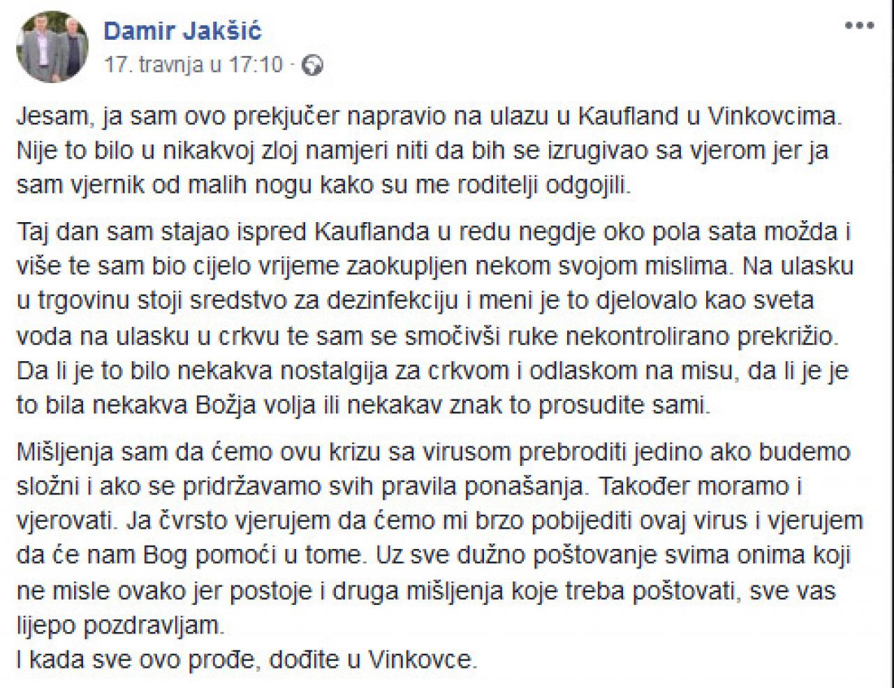 Facebook post Damira Jakšića - Meni je to djelovalo kao sveta voda na ulasku u crkvu te sam se smočivši ruke nekontrolirano prekrižio
