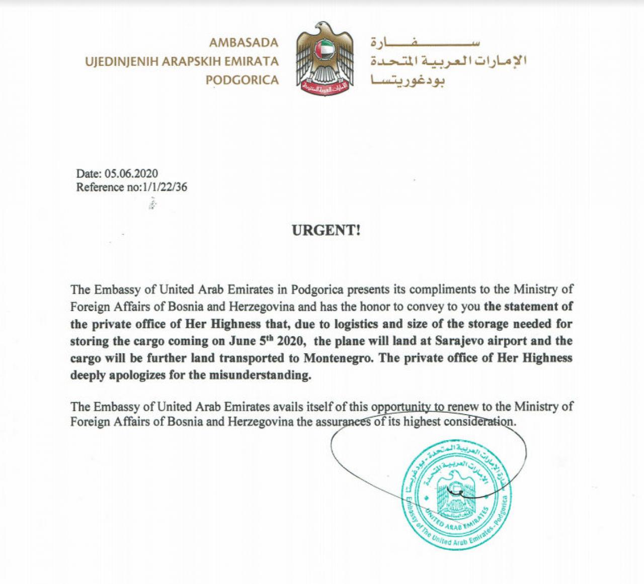 Diplomatska nota iz Veleposlanstva UAE Podgorica -  Veleposlanstvo Ujedinjenih Arapskih Emirata uputilo ispriku Ministarstvu inozemnih poslova BiH