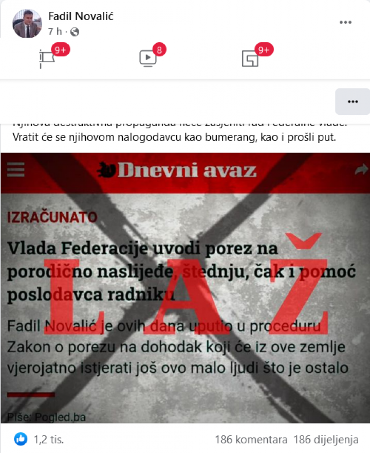 Preslik posta na Facebooku - Novalić prijetio Avazu neutralizacijom nakon objave nacrta zakona o porezima