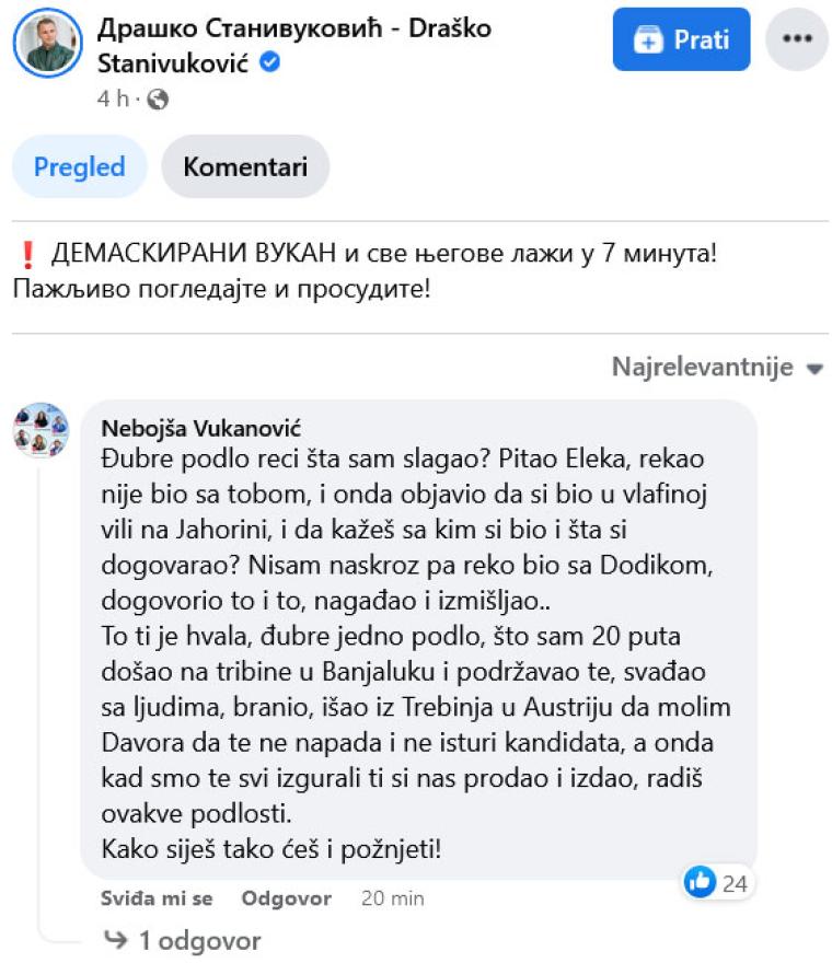 Odgovor Vukanovića - Stanivuković navodno nasamario Vukanovića, ovaj mu nije ostao dužan u komentarima