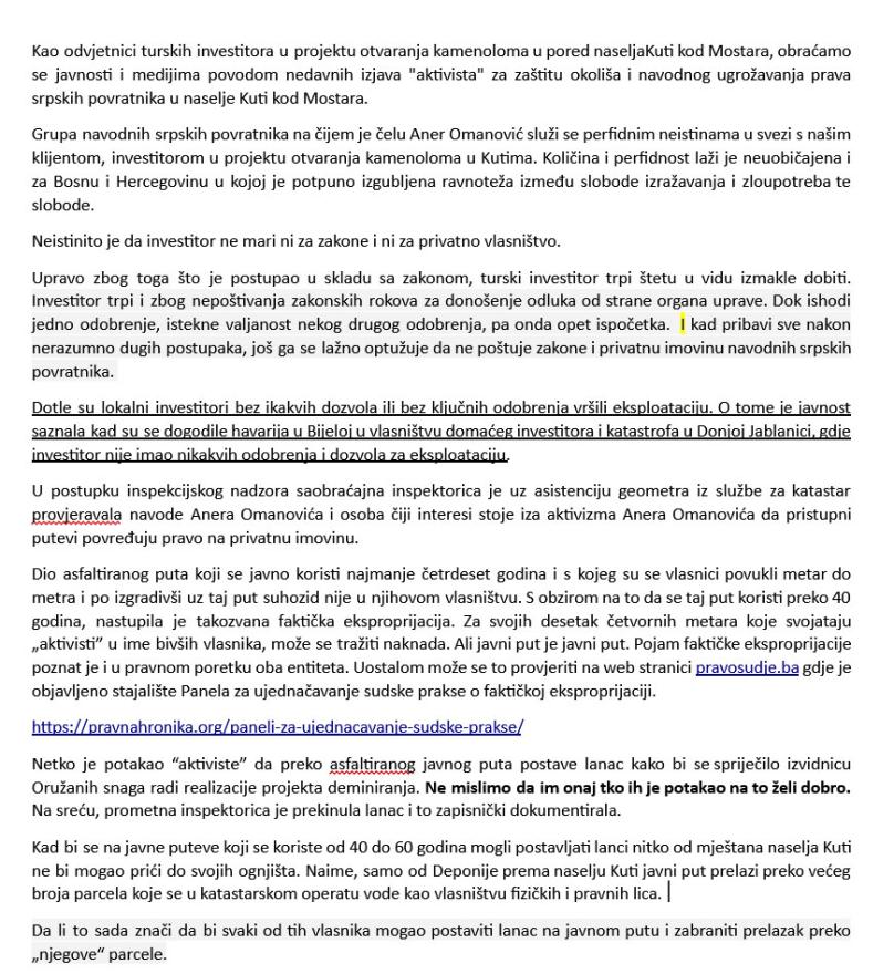 Priopćenje odvjetnika o kamenolomu - Kamenolom Kuti: Odvjetnici investitora demantiraju tvrdnje aktivista o kršenju zakona