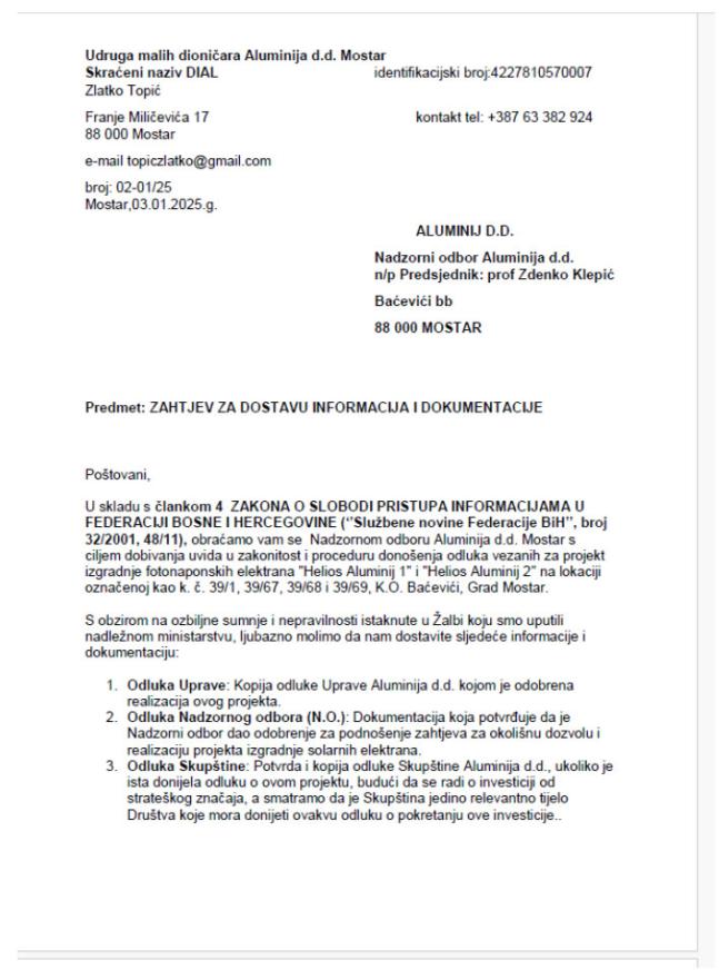 Dopis upućen Nadzornom odboru Aluminija - Demant na objavljeni dopis u vezi s tvrdnjama o Zlatku Topiću i Udruzi DIAL