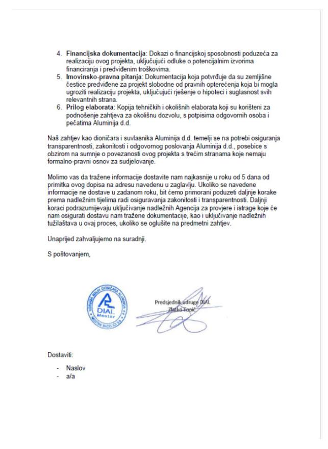 Dopis upućen Nadzornom odboru Aluminija - Demant na objavljeni dopis u vezi s tvrdnjama o Zlatku Topiću i Udruzi DIAL