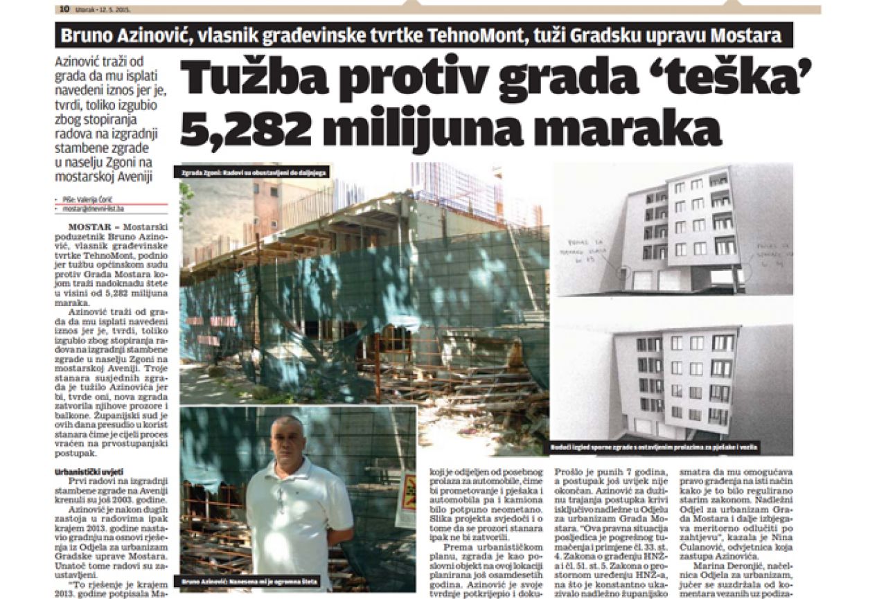 Azinović tuži Grad Mostar i traži nadoknadu štete od 5,2 milijuna KM