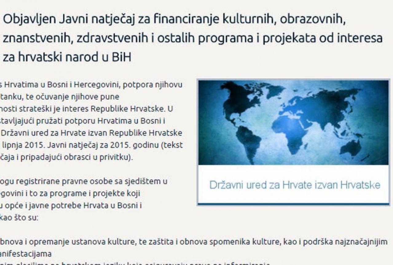 Objavljen natječaj za financiranje projekata od interesa za hrvatski narod u BiH