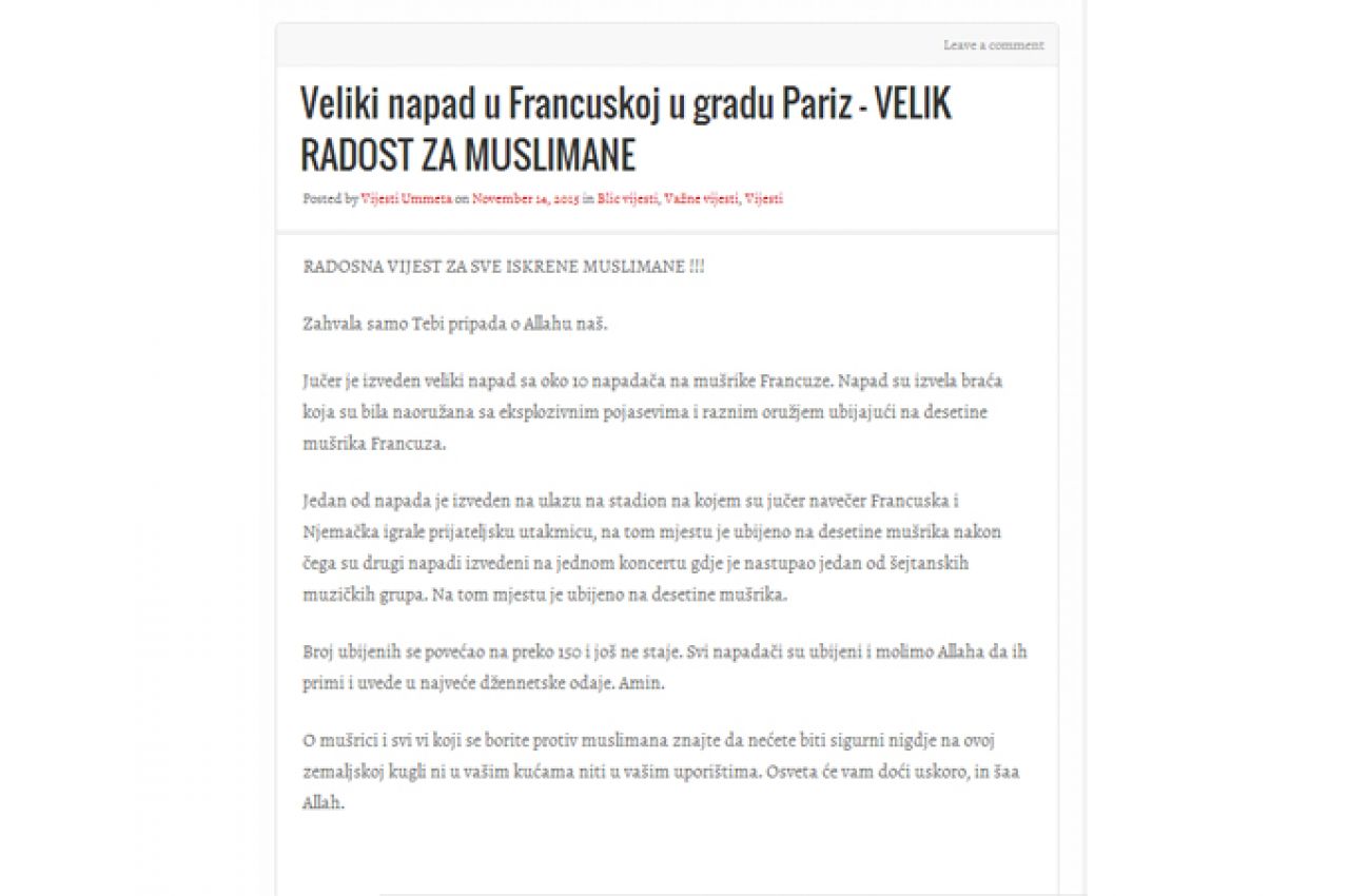 Internetski portal na bošnjačkom jeziku slavi napade u Francuskoj