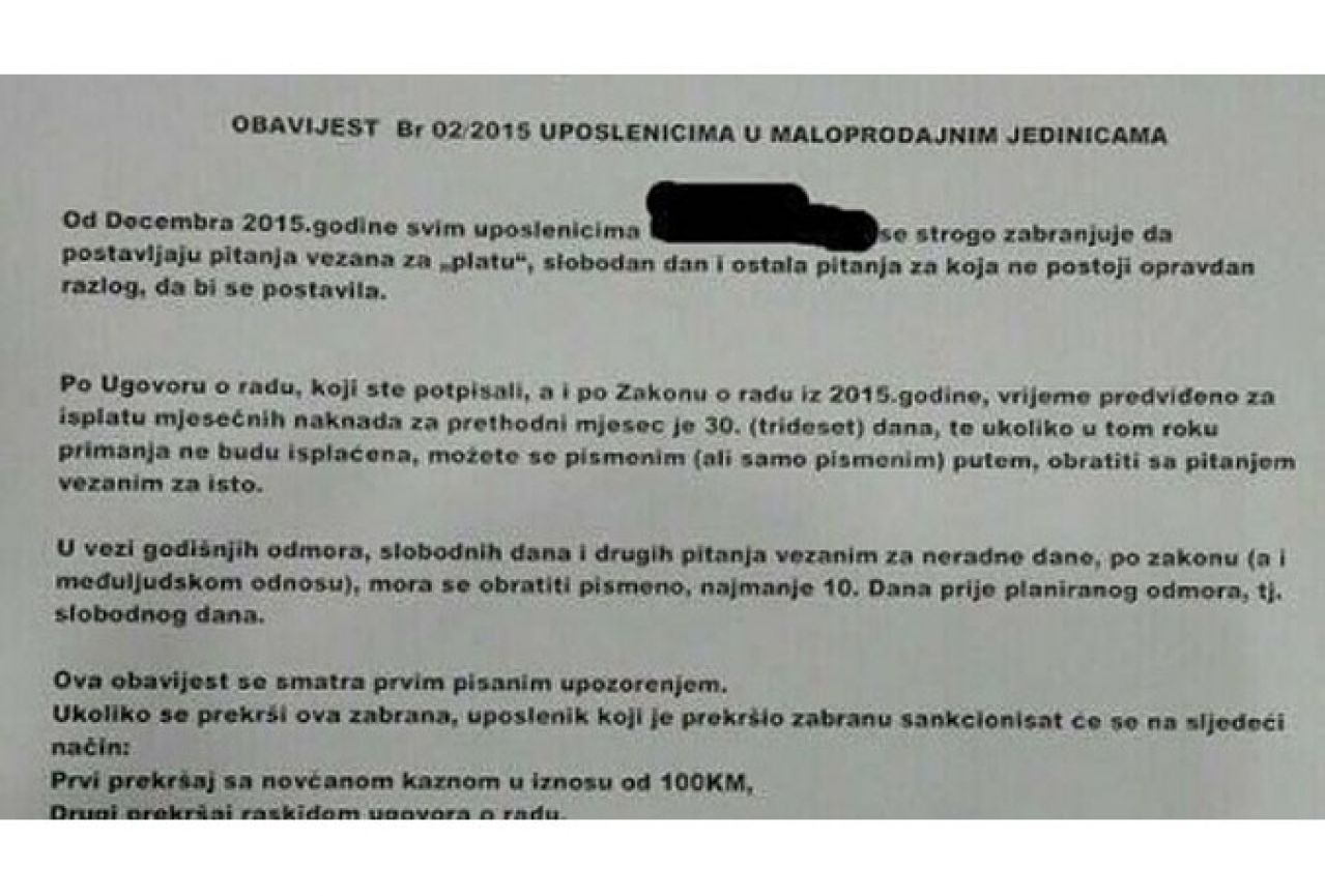 Firma u BiH zabranila radnicima da pitaju za plaću i odmor
