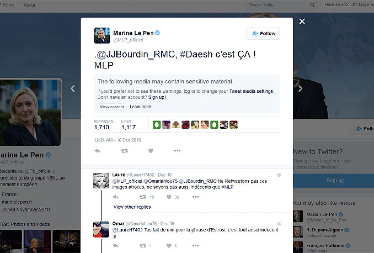 Marina Le Pen pod istragom zbog  tvitanja ISIL-ovih fotografija