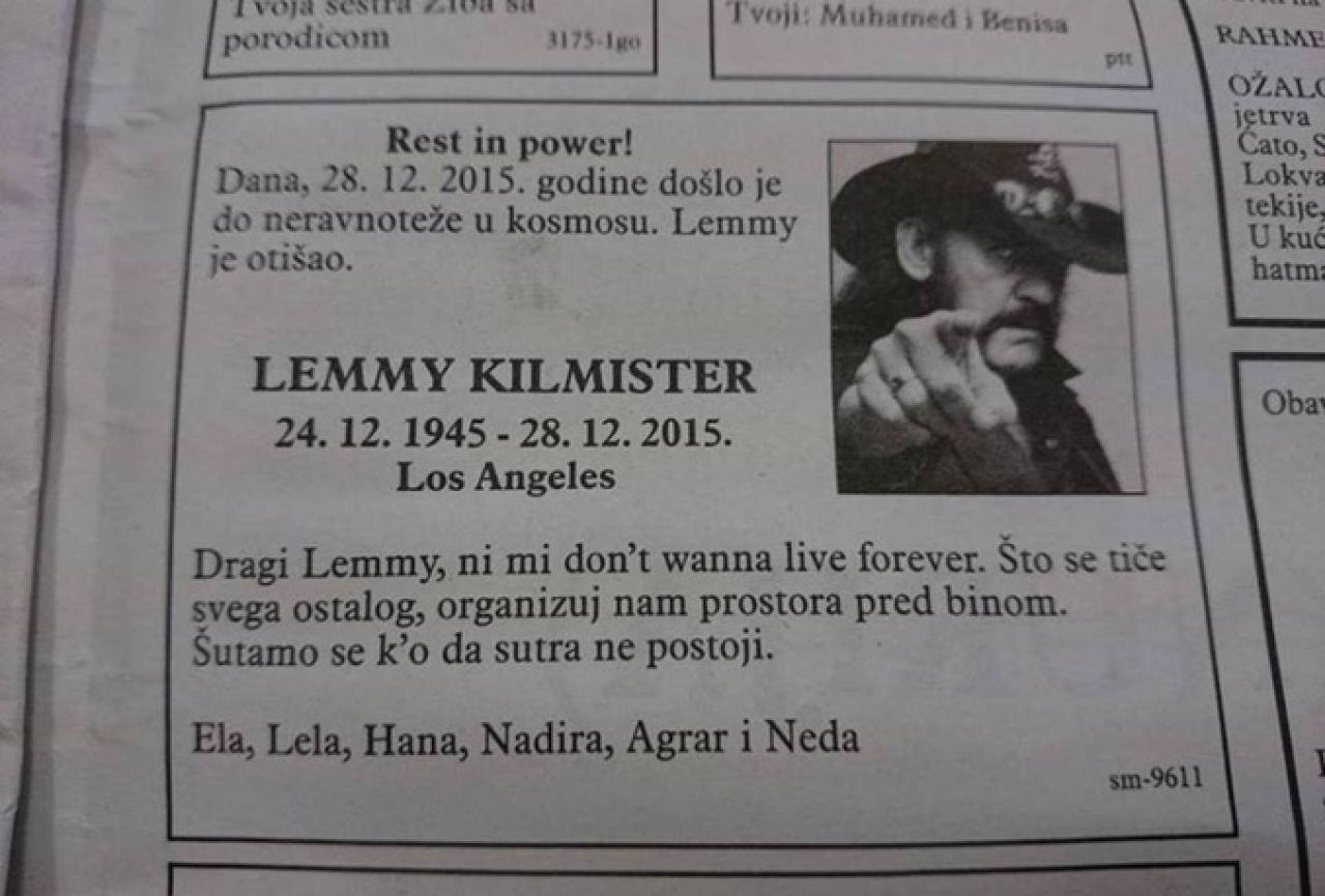 Šutamo se k'o da sutra ne postoji: Lemmy Kilmister dobio čitulju u BiH