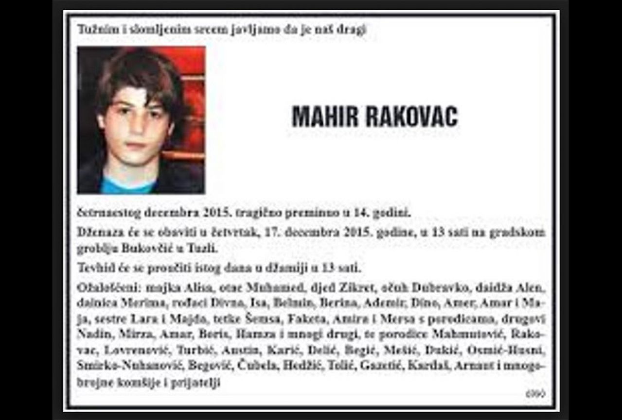 Tužiteljstvo nema novih informacija o istrazi povodom smrti učenika Mahira Rakovca
