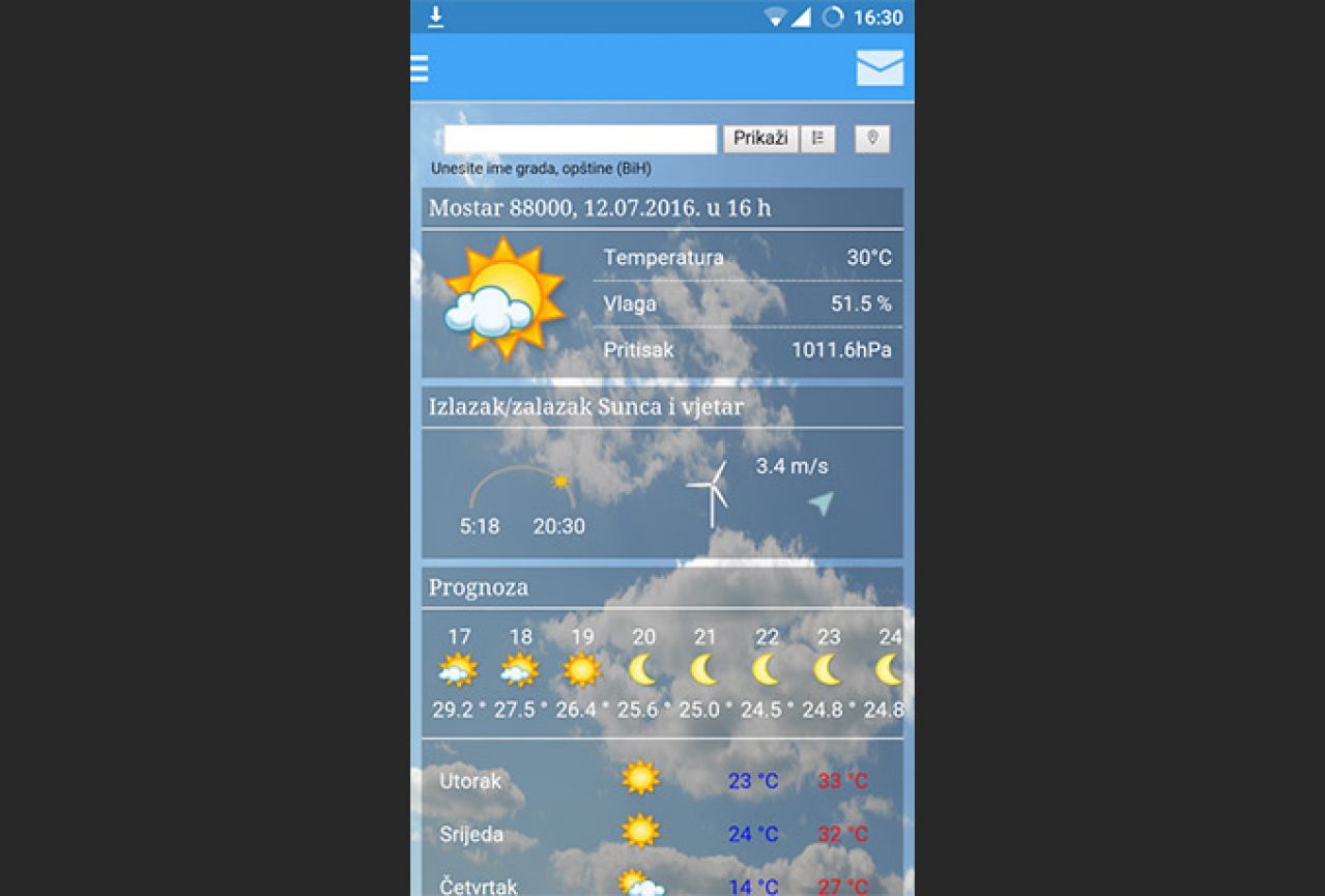 Od danas Android aplikacija za vremensku prognozu FHMZ