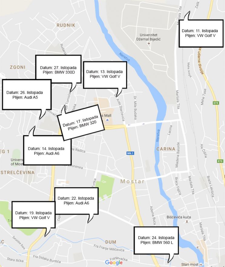 Devet komada: Pogledajte kartu pljački automobila u Mostaru