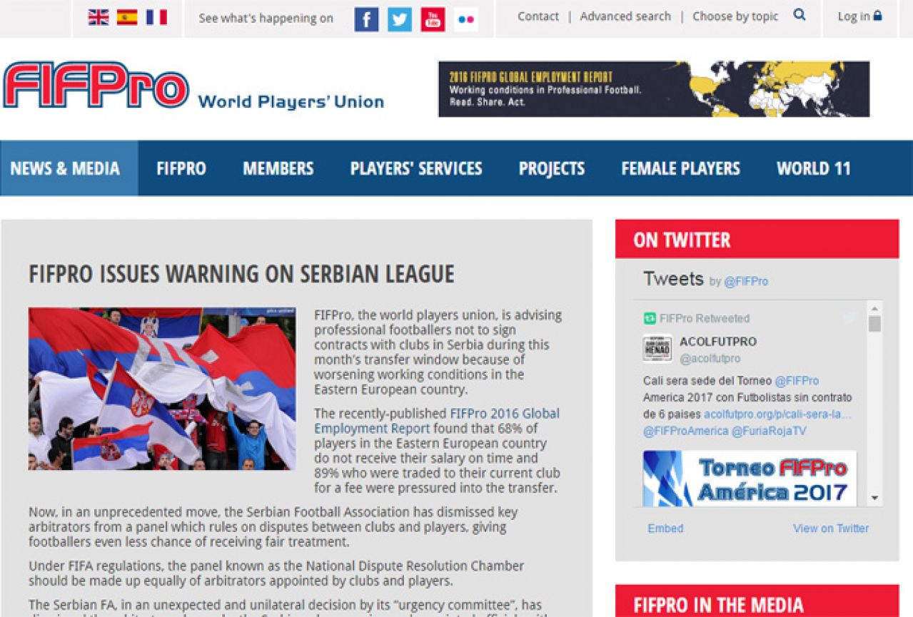 FIFPro savjetuje igrače da ne potpisuju za srpske klubove