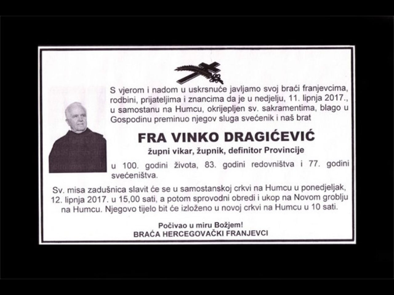 U stotoj godini života preminuo hercegovački franjevac Vinko Dragičević