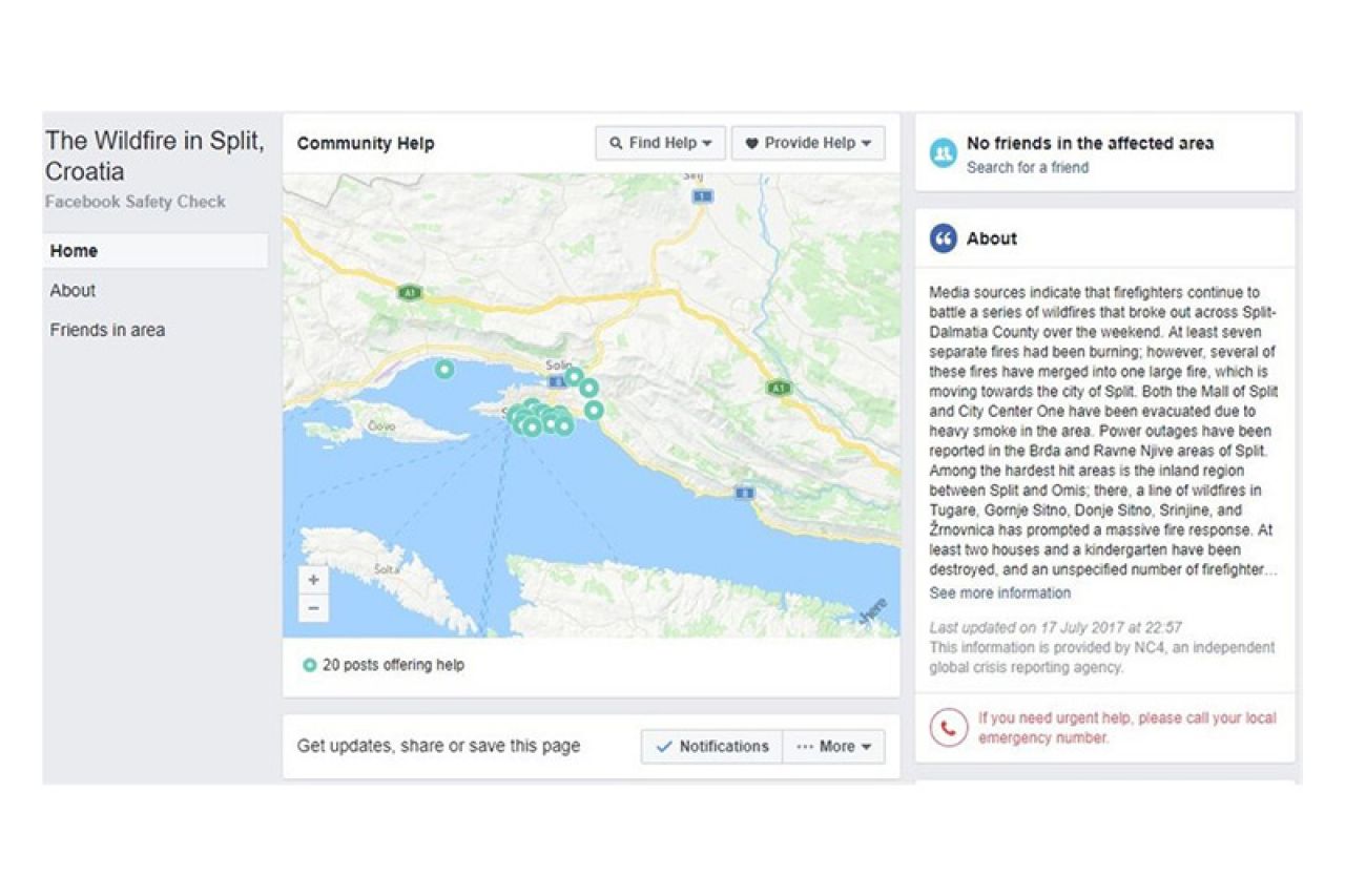 Facebook zbog požara u Splitu prvi puta u Hrvatskoj aktivirao Safety Check