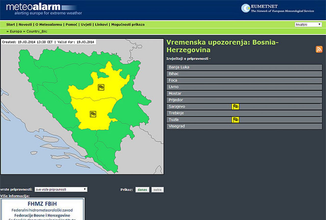 Dva bh. grada dobila žuto upozorenje na europskoj karti Meteoalarma