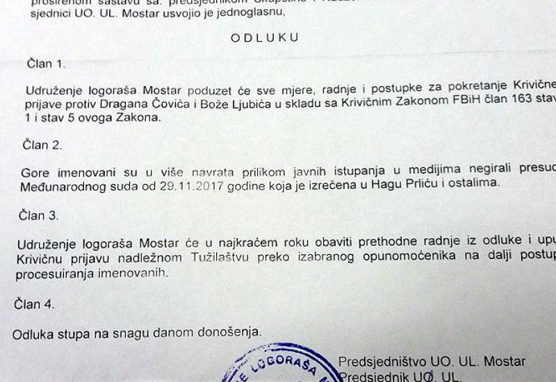  -  Udruženje logoraša Mostar pokrenut će kaznene prijave protiv Čovića i Ljubića