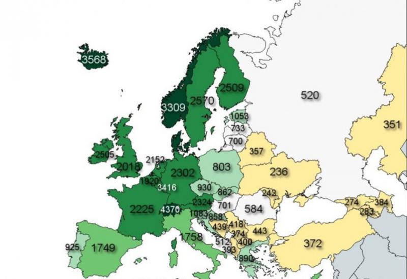 Mapa Europe po prosječnoj neto plaći: BiH pri samom dnu