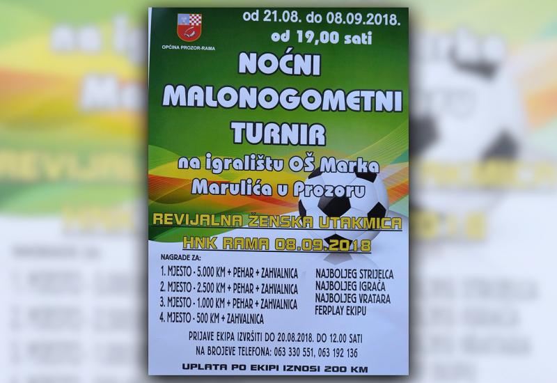 Plakat za Malonogometni turnir u Prozor Rami 2018 - Noćni malonogometni turnir za Dan općine Prozor-Rama, nagradni fond 9.000 KM