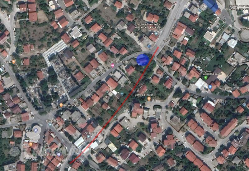 Crveno je planirana trasa nastavka prometnice, plavo je objekt koji se ruši - Uklanjanjem objekta uskoro i radovi na završetku Ulice Blajburških žrtava? 