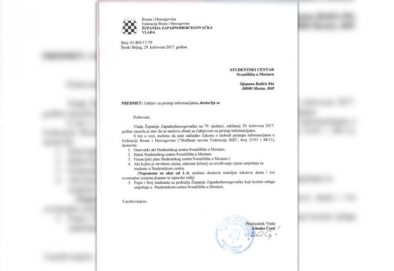 Zahtjev za pristup informacijama Vlade ŽZH prema SC Mostar - Smještaj u domu: Centar tvrdi da su dužni, Vlada ŽZH da je plaćeno - studenti trpe