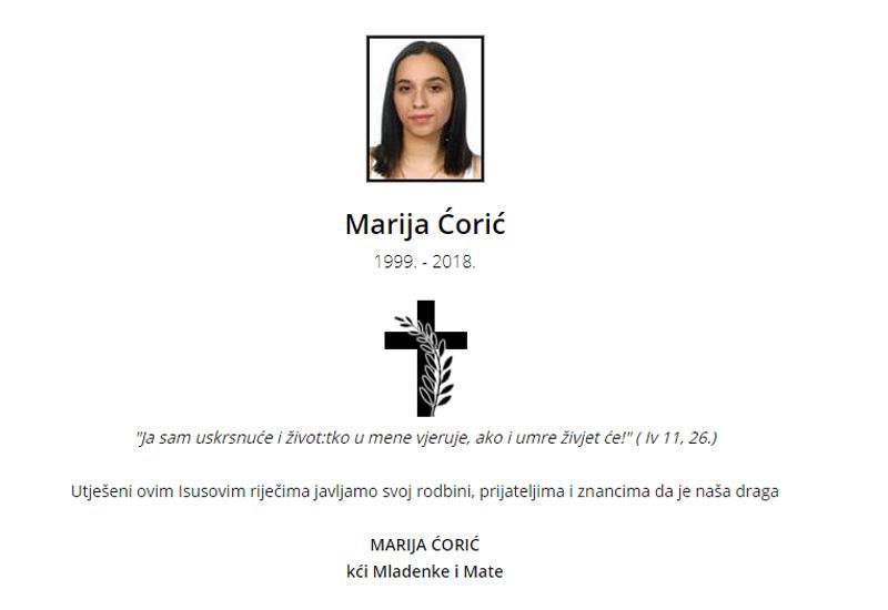 Marija Ćorić - Čapljina: Sahranjena studentica koju je u Splitu usmrtio automobil