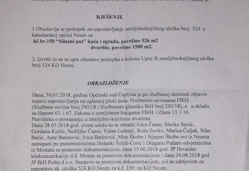 Rješenje Općinskog suda u Čapljini - Odmaralište u Neumu: 