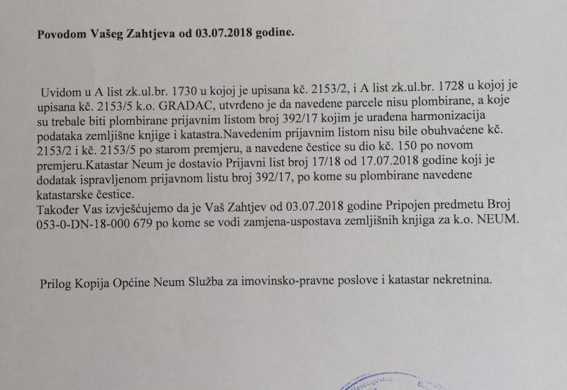 Odgovor Općinskog suda u Čapljini - Odmaralište u Neumu: 