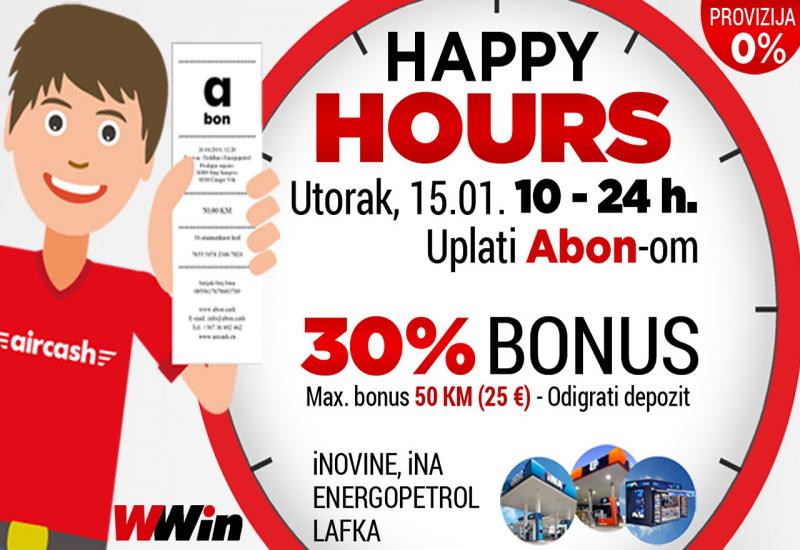 Wwin vas danas nagrađuje Happy hours bonusom uplatom Abon-om