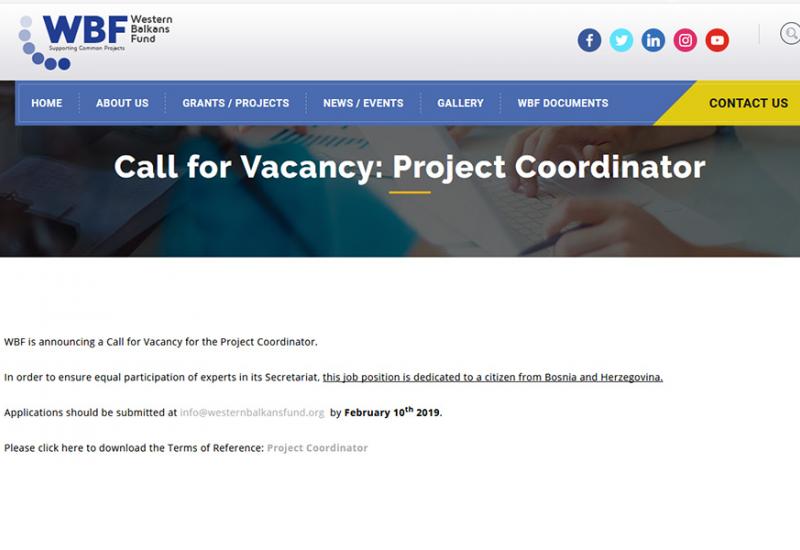 WBF - Prilika za posao: Traži se koordinator za projekte u Fondu za Zapadni Balkan (WBF)