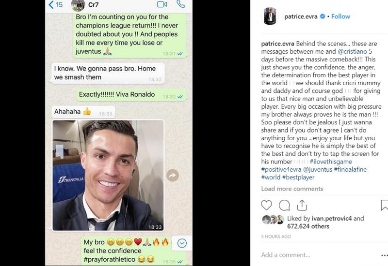 Patrice Evra Instagram - Ronaldo pet dana uoči hat-tricka poslao Evri: Brate, razbit ćemo ih