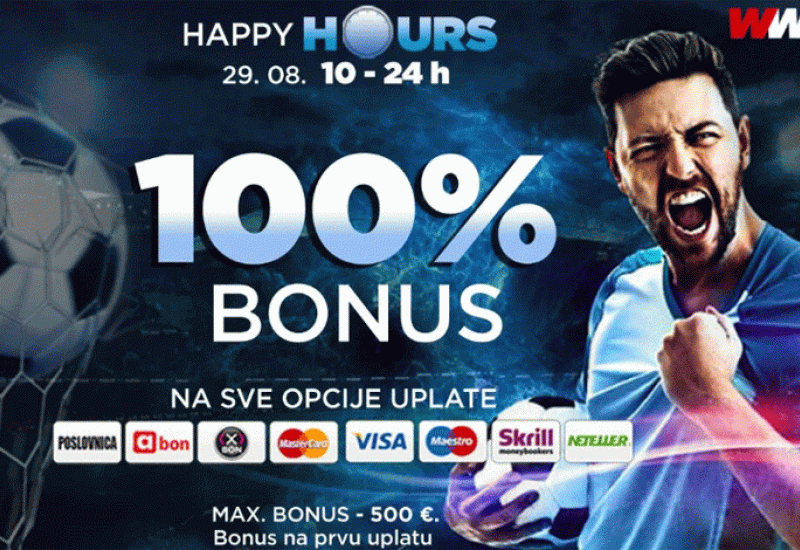  - Happy Hours WWin - 100% bonusa na sve opcije uplate u četvrtak od 10 do 24