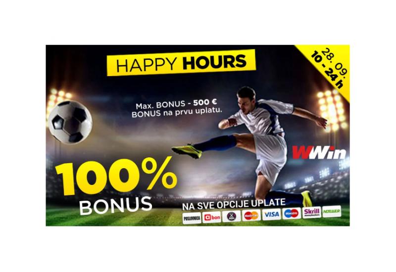 Happy Hours WWin - 100% bonusa na sve opcije uplate do ponoći