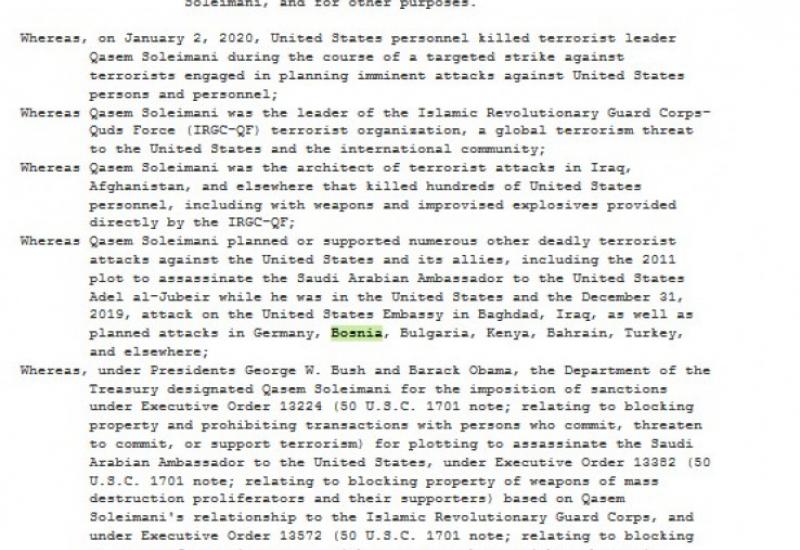 Rezolucija - Američki Kongres otkrio: Sulejmani pripremao terorističke napade u BiH