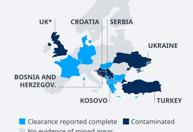 Karta zagađenosti minama u Europi. Područje bivše Jugoslavije je tamno plavo - Zašto Trump opet dozvoljava upotrebu mina?