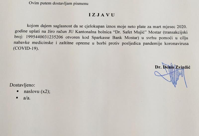  - Zvizdić plaću donirao bolnici u Mostaru 