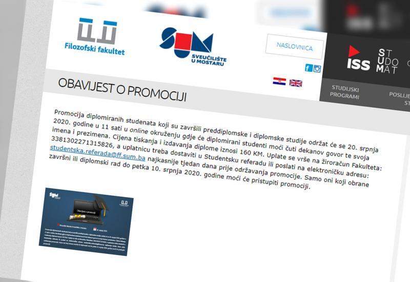 Prvotna objava na internetskoj stranici Filozofskog fakulteta - Promocija u Mostaru: Poslušajte dekanov govor za 160 KM