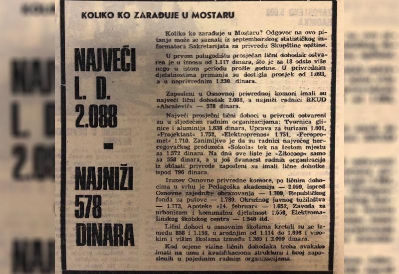 Koliko se zarađivalo u Mostaru 1970. godine
