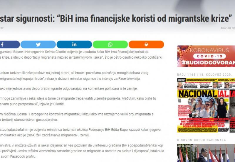 Neke od naslovnica medija u regiji - Regionalni mediji šokirani Cikotićevom izjavom o migrantima