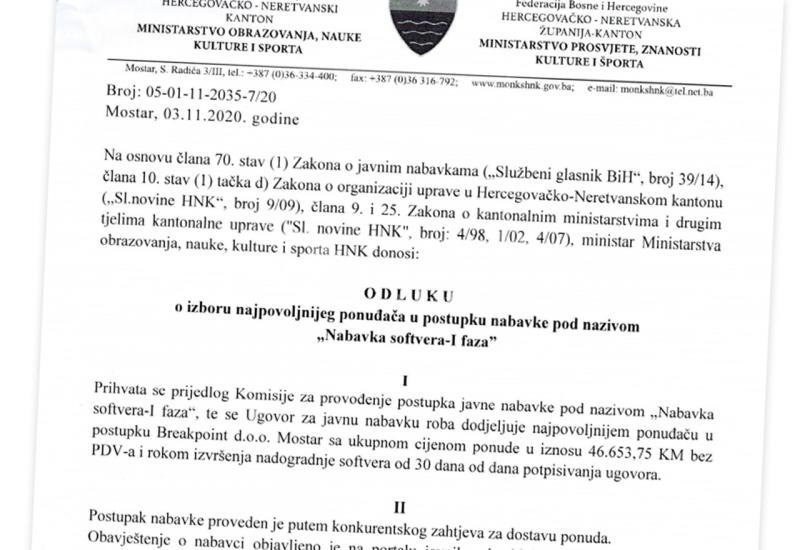 Odluka o izboru ponuđača - Online nastava: Ministarstvo prosvjete HNŽ-a platilo donirani softver