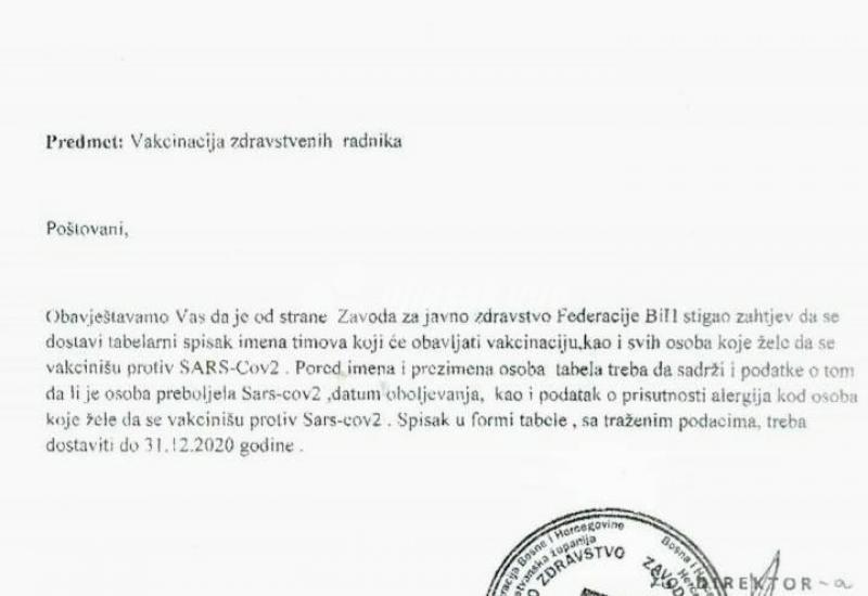 Dopis ZZJZHNK - Krenule prve predbilježbe za cijepljenje u BiH