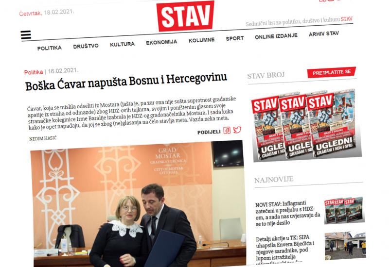 Naslov na portalu Stav.ba - Mediji vijećnicu iselili iz BiH: Boška Ćavar – ne idem nikud