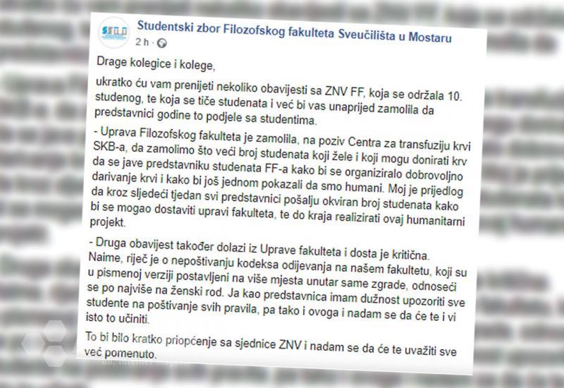 Objava na Facebook stranici Studentskog zbora Filozofskog fakulteta - Mostarske studentice se neprikladno odjevene na fakultetu