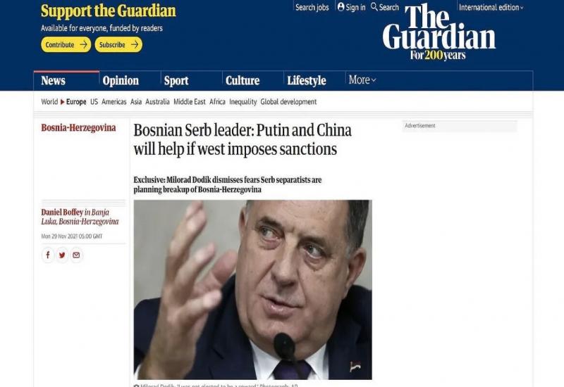 Dodik za Guardian: U slučaju zapadnih sankcija pomoći će Kina i Rusija