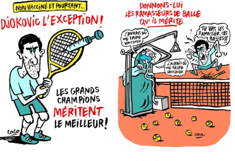Karikatura Novaka Đokovića - Charlie Hebdo objavio karikaturu Đokovića s mrtvačkim sandukom i jezivim porukama