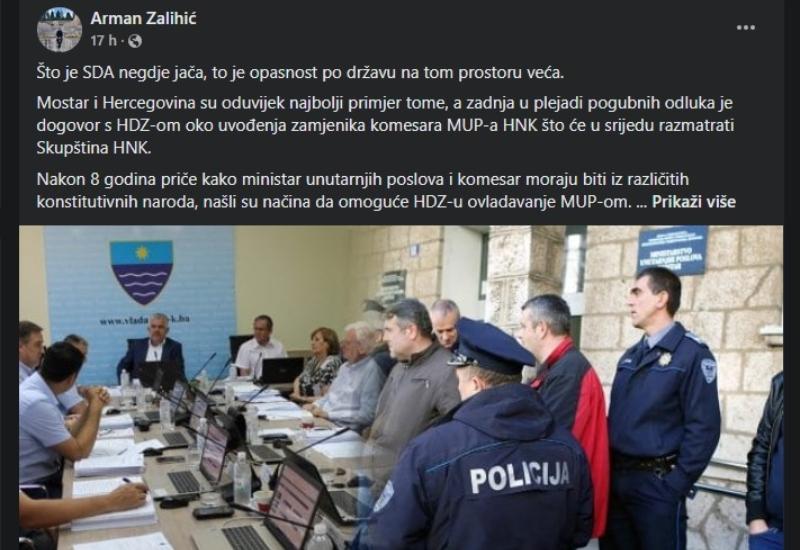 Predsjednik SDP-a Mostar Arman Zalihić oglasio se na Facebooku - Zalihić: Što je SDA negdje jača, to je opasnost po državu na tom prostoru veća