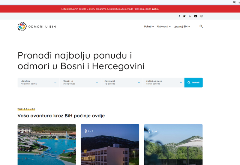 Na platformi ''OdmoriuBiH'' prodani svi turistički vaučeri Vlade FBiH