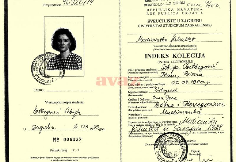 Ovo je zagrebački indeks Sebije Izetbegović - Policija dobila naredbu da izuzme indeks Sebije Izetbegović