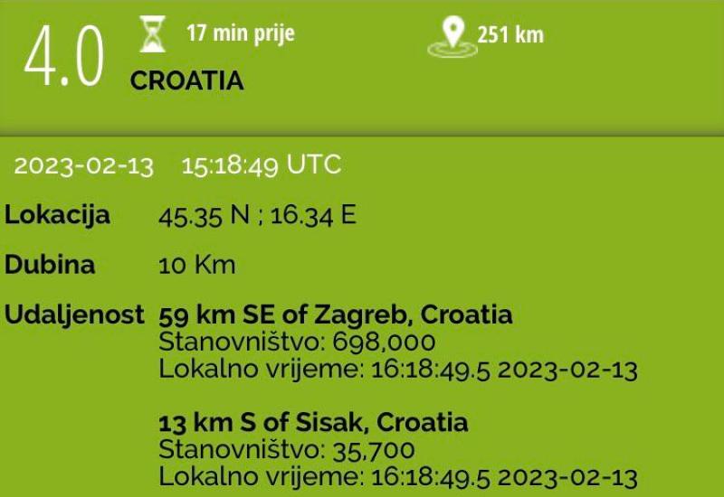 Potres jačine 4.0 po Richteru pogodio Hrvatsku