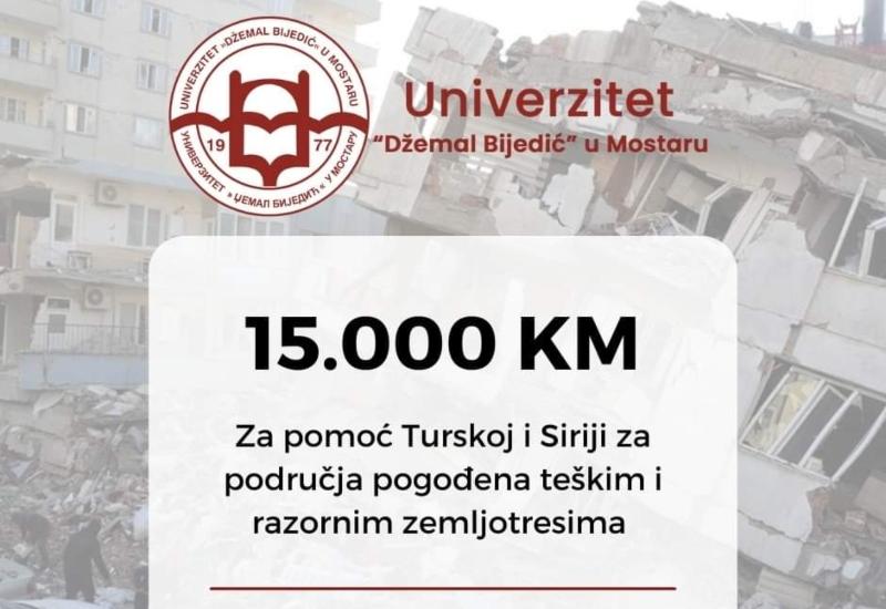 Univerzitet ''Džemal Bijedić'' prikupio 15.000 KM za Tursku i Siriju